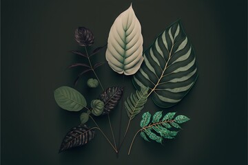  a group of different types of leaves on a black background with a green border around the edges of the leaves and the stems of the leaves.  generative ai
