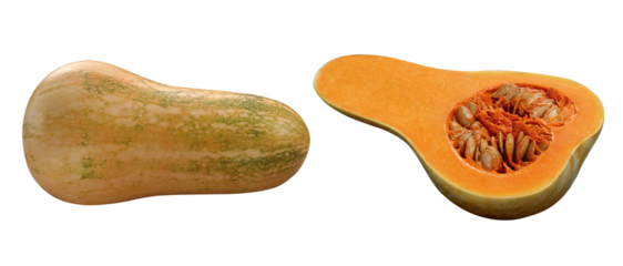 Abóbora inteira e abóbora cortada em fundo branco