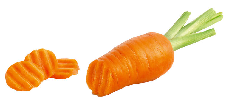cenoura fresca cortada e pedaços de cenoura em fundo branco - cenouras cortadas
