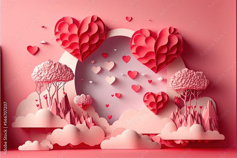 Aufkleber a paper cut of hearts floating in the sky with clouds and trees on a pink background with hearts flo