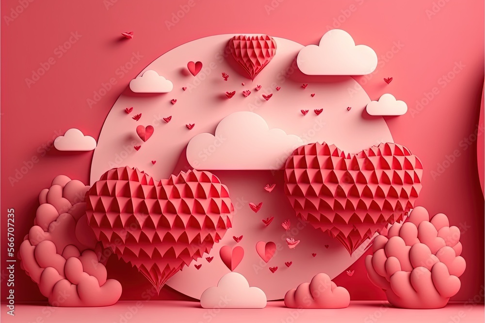 Poster a pink background with paper cut hearts and clouds in the shape of a heart on a pink background with
