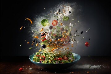  a bowl of salad with a lot of ingredients falling out of the top of the bowl on a table with a black background and a black backdrop.  generative ai