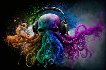  a skull wearing headphones with a multicolored octopus on it's face and headphones in the shape of a skull with a multi - colored smoke trail.  generative ai - obrazy, fototapety, plakaty
