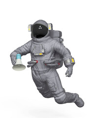 astronaut is drifting and holding a bullhorn on his hand