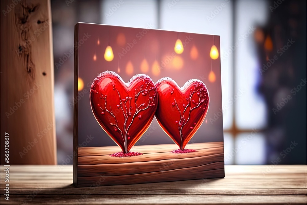 Poster two red hearts sitting on top of a wooden table next to a window with lights in the background and a
