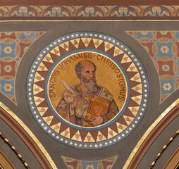 BERN, SWITZERLAND - JUNY 27, 2022: The fresco of St. John Chrysostom in the church...