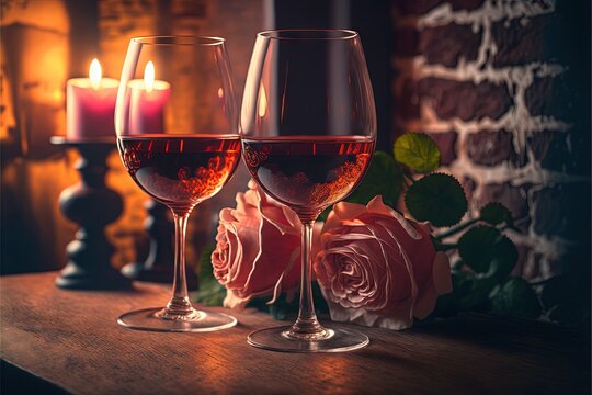  two glasses of wine on a table with roses and candles in the background, with a brick wall in the background, and a lit candle in the foreground.  generative ai