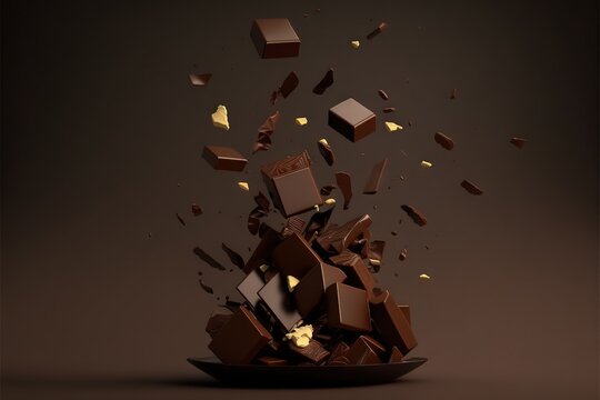  a pile of chocolate cubes falling into the air with a bite taken out of one of the cubes in the middle of the image.  generative ai