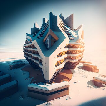 A Futuristic Hotel Inspired By Brutalismin The Middle Of Arctic Seen From Above With A Low Angle Shot Sunlight Daylight Reflects The Wide Range And The Several Different Surfaces Offered To Help 