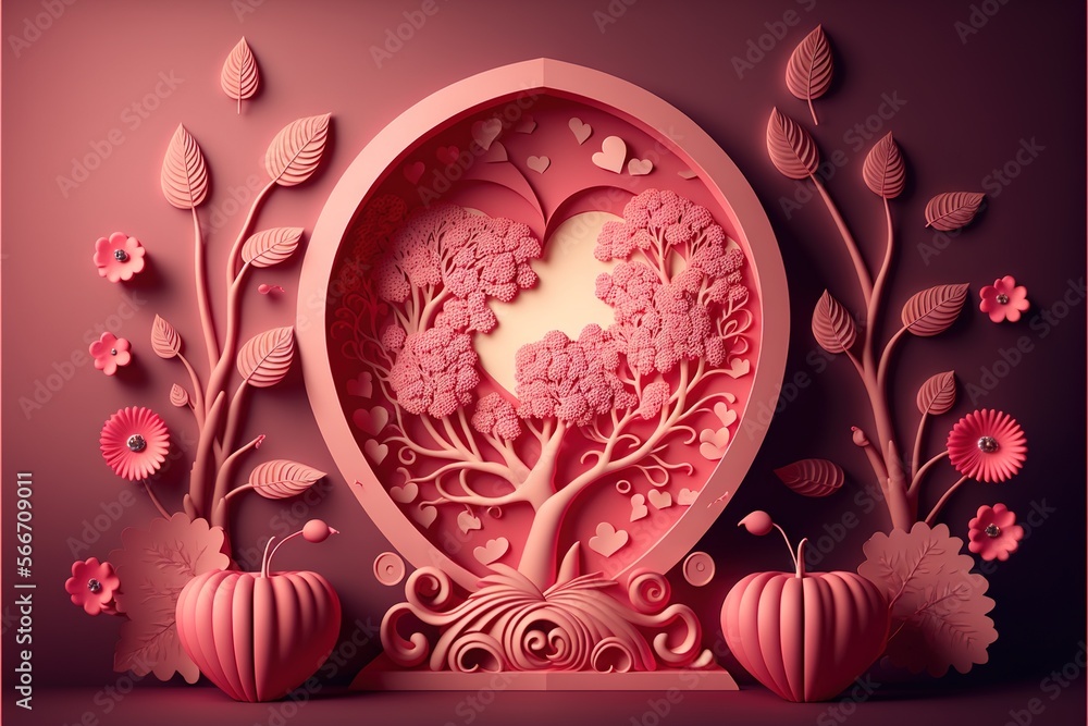 Poster a paper art of a heart with trees and flowers on it and a vase with flowers in the middle of the hea