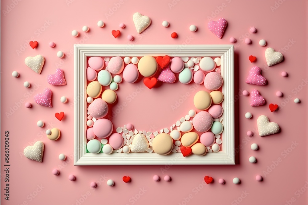 Poster a picture frame filled with hearts on a pink background with confetti scattered around it and a whit