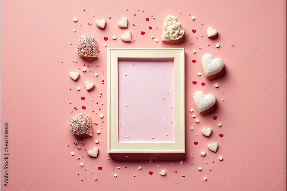 Poster a picture frame surrounded by hearts and sprinkles on a pink background with a white frame on the le