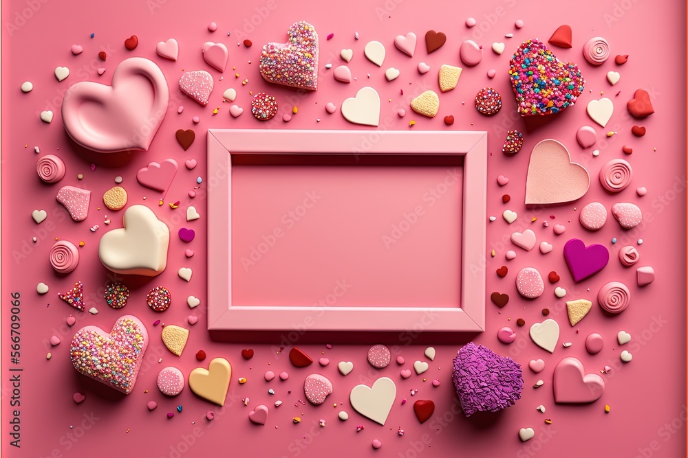 Poster a pink frame surrounded by hearts and confetti on a pink background with a pink background and a pin