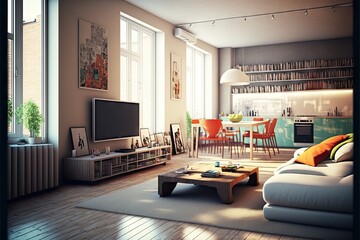 Modern living room interior design with furniture and TV