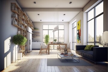 Interior of modern living room with white walls, wooden floor, comfortable sofa and bookcase