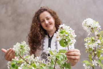 Defocused focus on background on woman with long curly hair in white embroidered Ukrainian shirt holds a branch of blooming pear in beautiful white flowers. Constitution Day of Ukraine.