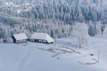 Winter fairytale in the mountain villages of the Carpathians, Transylvania, Romania