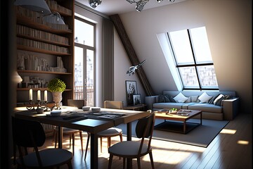 Interior of living room and dining room in loft style