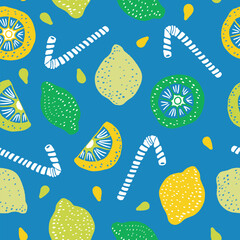 Vector seamless repeat pattern with lemon fruits and lemonade on a blue background