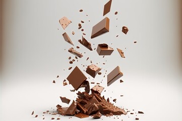  a pile of broken chocolate pieces flying into the air on a white background with a splash of chocolate on the floor and the top of the pile.  generative ai