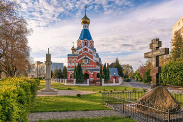 View to beautiful orthodox church in Uzhhorod, Ukraine. Springtime urban outdoor background