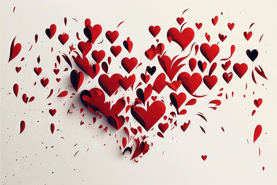  a bunch of red hearts on a white background with confetti falling from the top of the image and the bottom half of the frame.  generative ai