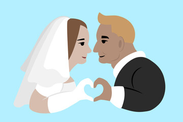 Obraz premium Girl woman and a boy man make a heart symbol with their hands. The bride and groom. In love, lover. Simple abstract isolated vector illustration.