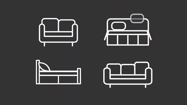 Animated beds white line icons. Bedroom and living room. Homeware. Loop HD video with chroma key, alpha channel on transparent background, black solid background. Outline motion graphic animation