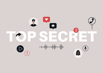 Sharing a top secret, a sign surrounded with icons, indicating a breach of sensitive information