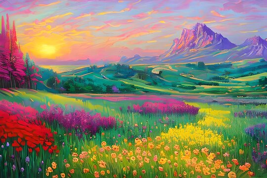 sunset in the mountain, pastel colors, oil painting, digital art, illustration