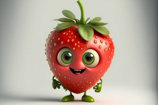 Cute cartoon strawberry character, animated with a face.  Generative AI