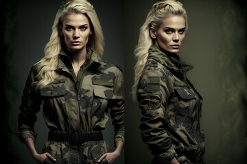 Blonde Soldatin bei Militär in grüner Montur, ai generativ