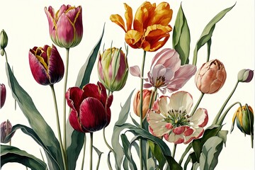  a painting of a bunch of flowers on a white background with green leaves and stems in the center of the picture is a large bouquet of flowers.  generative ai