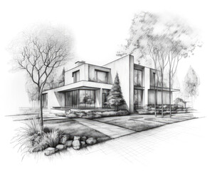Entwurf Skizze von einem Gebäude, Architektur, Zeichnung, Illustration, generative KI
