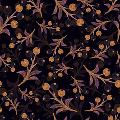 Golden purple berries seamless pattern