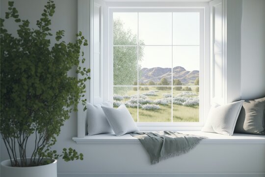  a painting of a window with a view of a field and a mountain in the distance with a blanket on the window sill, and a plant in the foreground.  generative ai