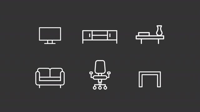 Animated homeware white line icon. Living room furniture. Dining room. Loop HD video with chroma key, alpha channel on transparent background, black solid background. Outline motion graphic animation