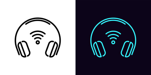 Outline wifi headphones icon, with editable stroke. Music headset frame with wifi sign, wireless headphones connection and control. Portable earphones for Dj and gamer.