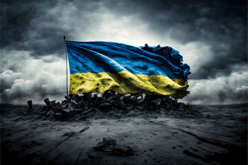 Ukrainian national official flag against dark grey sky and ruined country. Stop Russian – Ukrainian war concept.
