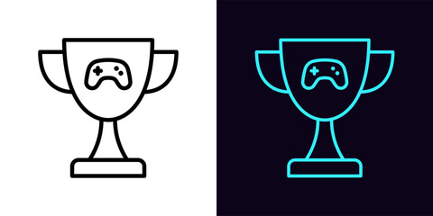 Outline gaming cup icon, with editable stroke. Award cup with gamepad sign, esports winner joystick. Cybersport reward, game achievement, champion trophy, victory triumph, prize award.