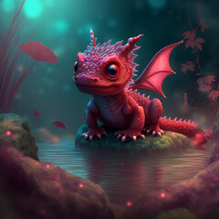 Pink baby dragon in a fantasy world