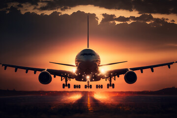 Fototapeta na wymiar airplane landing at sunset. generative ai