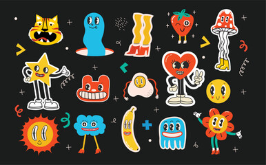 Fototapeta premium Fashion patch badges with lips, hearts, speech bubbles and other elements. Vector illustration set of stickers, pins, patches in cartoon 80s-90s style.