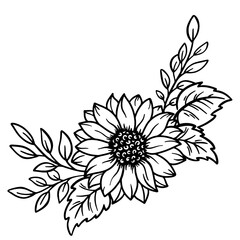 Sunflower with leaves vector illustration, Sunflower Floral border, Wild Flower Cut file, Botanical Flowers Leaves Frame Silhouette Clipart, Simple floral bouquet sketch