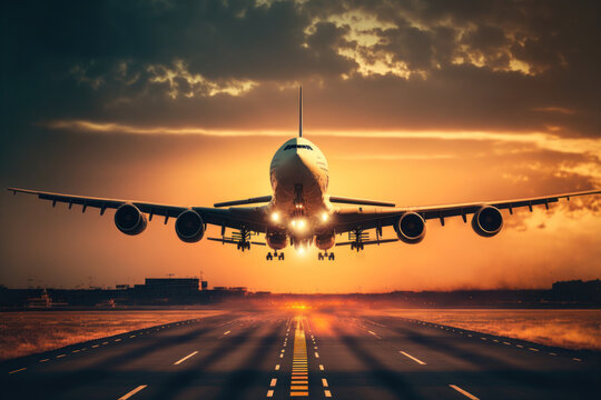 airplane landing at sunset. generative ai
