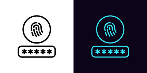 Outline ID password icon, with editable stroke. Input password with fingerprint sign, biometric ID login. Secure account access, fingerprint scanner, personal identification.