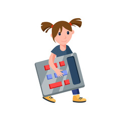 Cartoon girl holding big calculator vector illustration. Funny kid with calculator for school lessons and work. Stationery, back to school, education concept