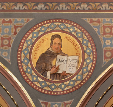 BERN, SWITZERLAND - JUNY 27, 2022: The fresco of St. Thomas Aquinas in the church Dreifaltigkeitskirche by August M&uuml;ller (1923).
