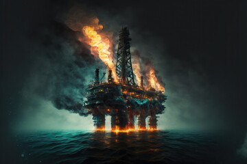 offshore oil platform on fire and damaged due to explosion. generative ai