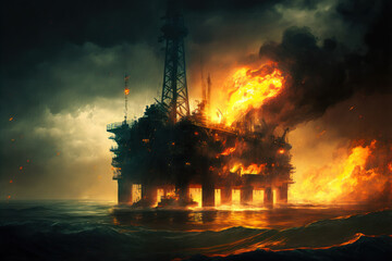 Fototapeta premium offshore oil platform on fire and damaged due to explosion. sea pollution. generative ai